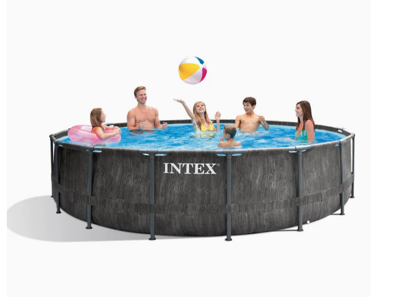 Piscina Estructural Redonda INTEX Prism Frame Greywood Premium, 457 x 122 cm, 16.805L, con Bomba, Escalera, Cobertor y Tapiz