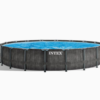 Piscina Estructural Redonda INTEX Prism Frame Greywood, 5.49 x 1.22m, 24.311L, con Bomba, Escalera, Cobertor y Tapiz